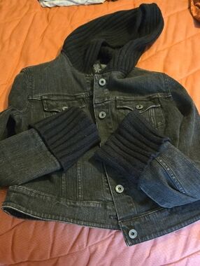 INC International Concepts Dark Gray Hooded Denim Jacket with Knit Cuffs